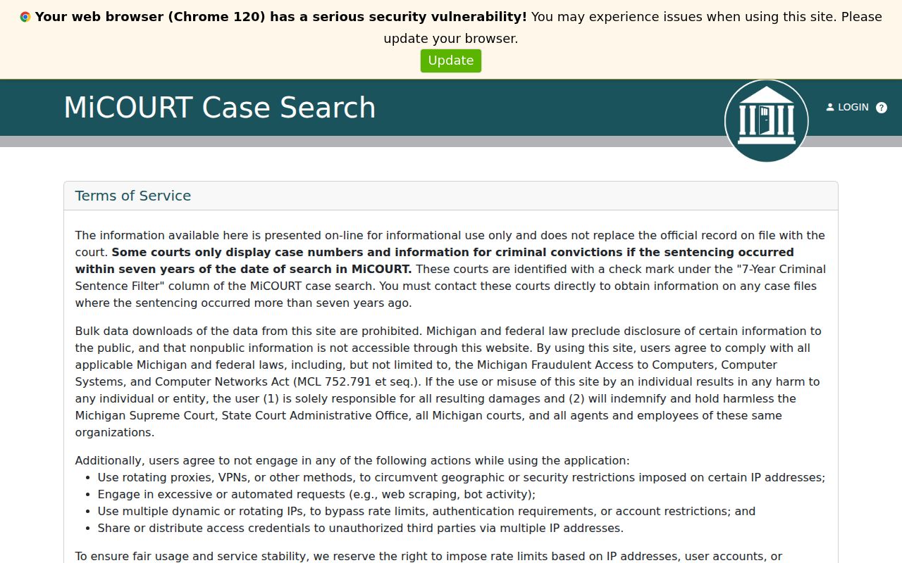 Branch County warrant search image of the 15th Circuit Court case search shell
