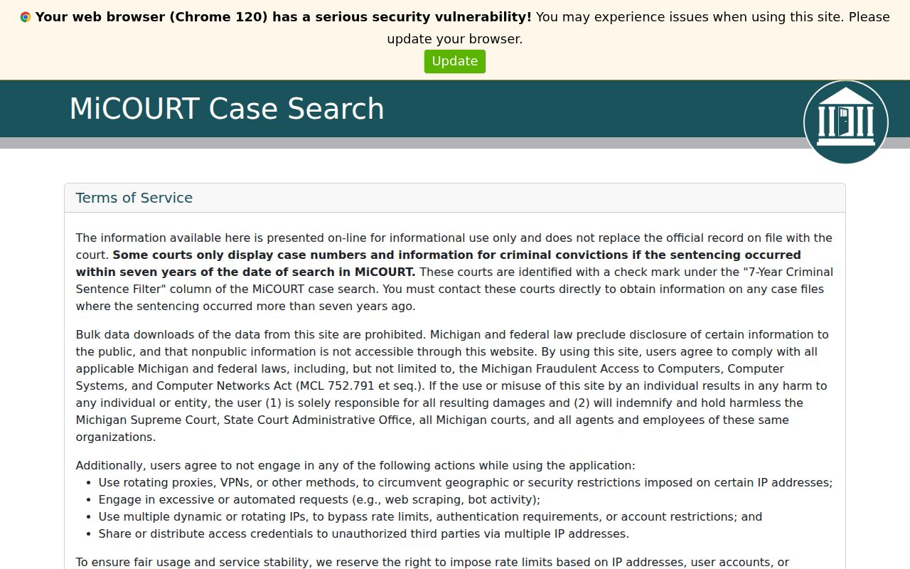 Branch County warrant search image of the MiCOURT public case search entry screen