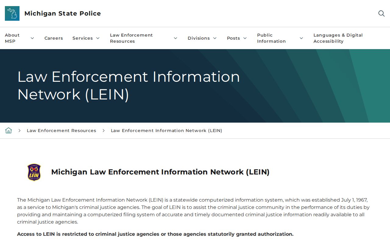Branch County warrant search image explaining the restricted statewide LEIN system