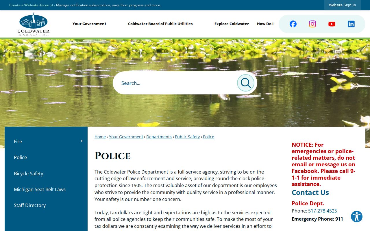 Coldwater warrant records image of the Coldwater Police Department contact page